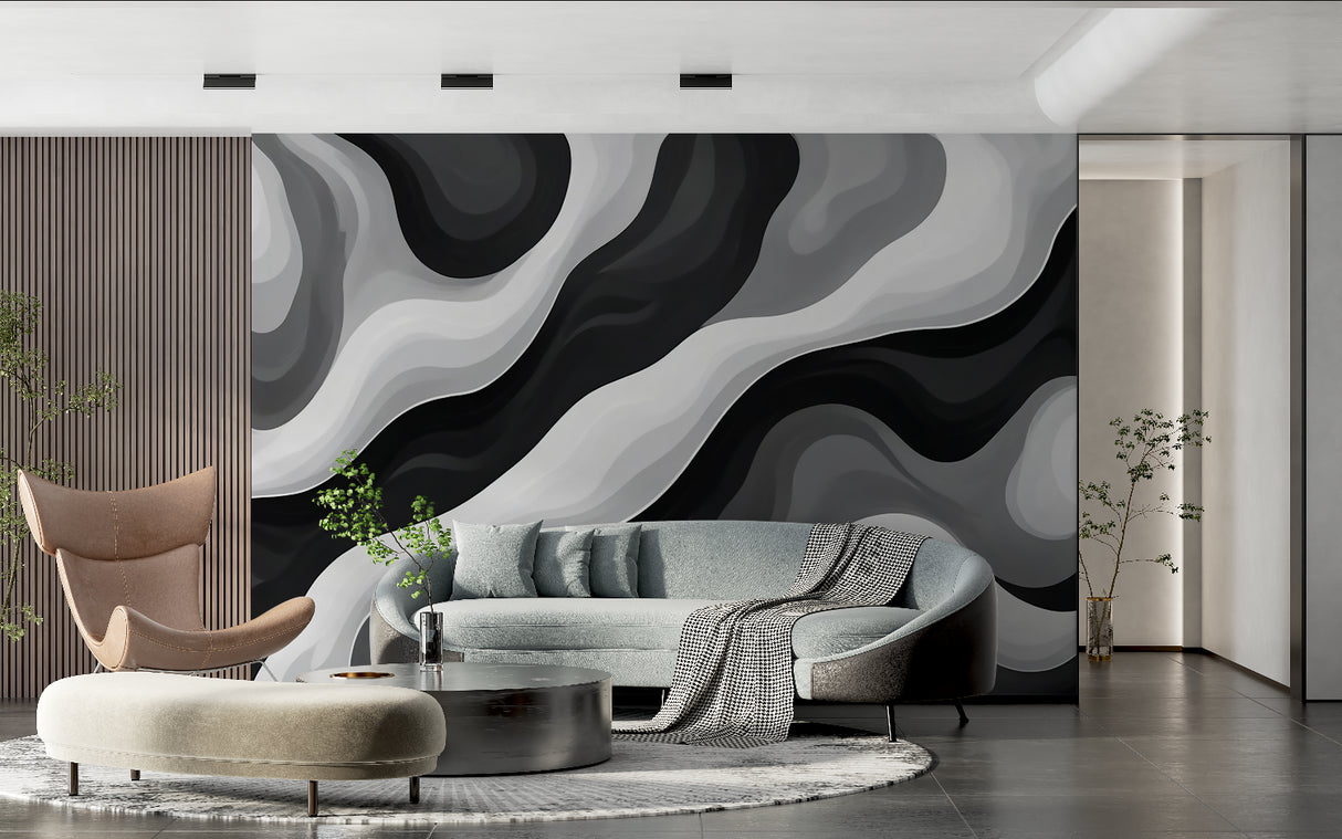 Monochrome wave pattern mural in upscale restaurant dining area