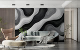 Monochrome wave pattern mural in upscale restaurant dining area