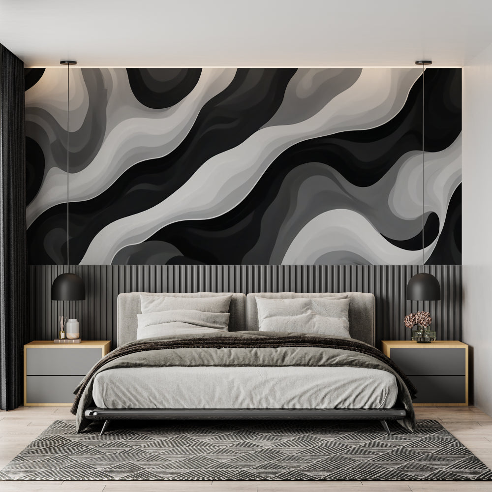 Black and white abstract wave mural in modern bedroom setting