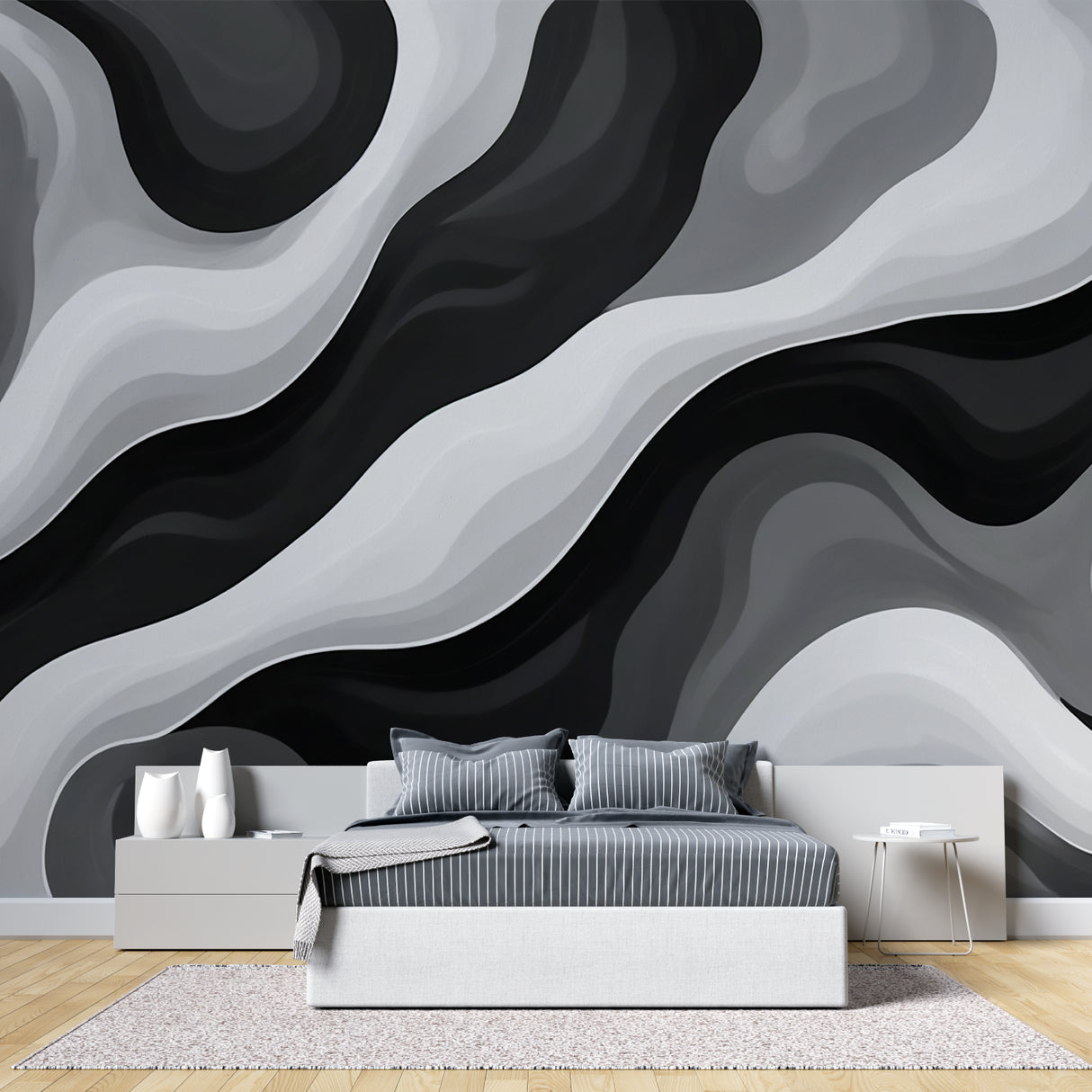 Wave design wallpaper creating dramatic effect in hotel lobby