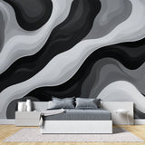 Wave design wallpaper creating dramatic effect in hotel lobby
