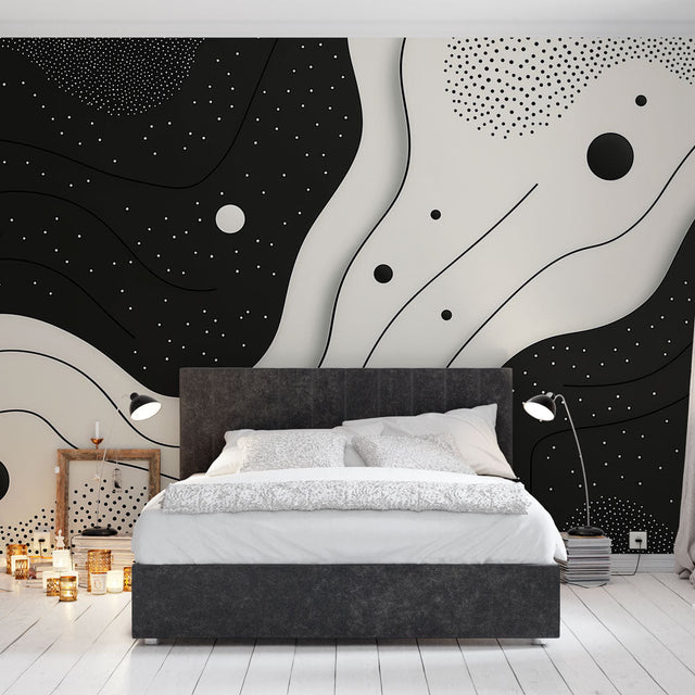 Modern abstract wave wallpaper with stars creating a stunning feature wall in a minimalist living room