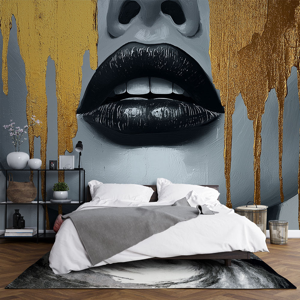 Black and gold abstract lips wall mural creating drama in a modern living room with high ceilings and minimal furniture