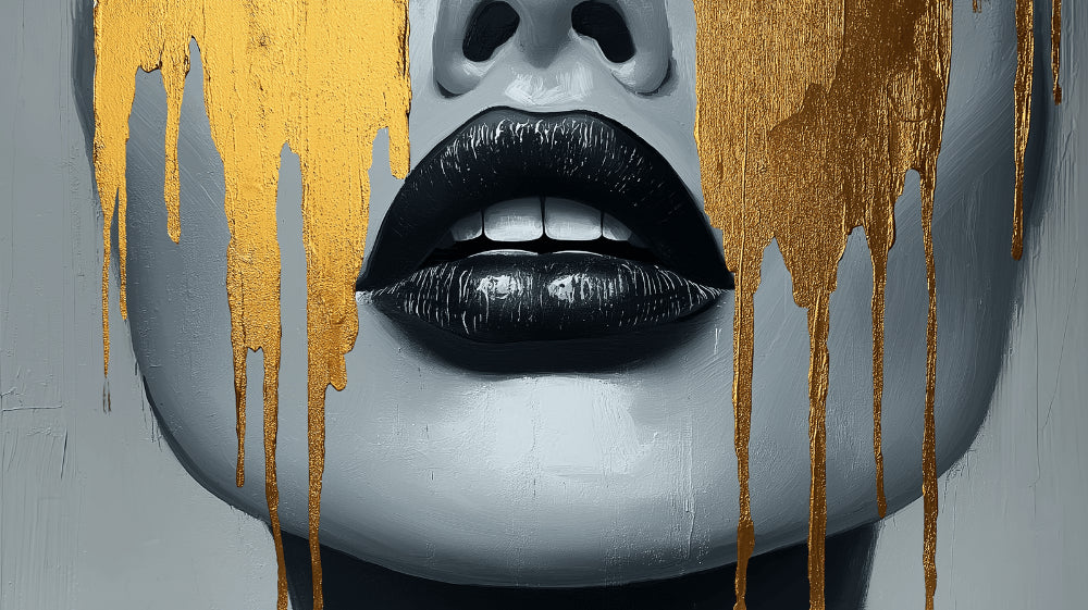 Abstract black lips with gold drips design file showing intricate details and metallic effects