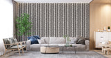Modern living room with black smoke abstract wallpaper creating dynamic movement against white walls