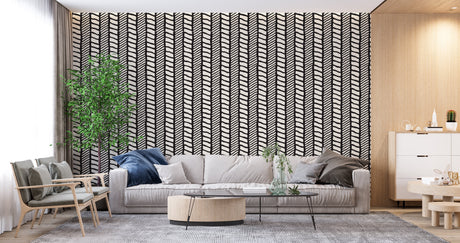 Modern living room with black smoke abstract wallpaper creating dynamic movement against white walls