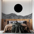 Modern abstract wave wallpaper with black sun design creating a striking focal point in a minimalist living room setting