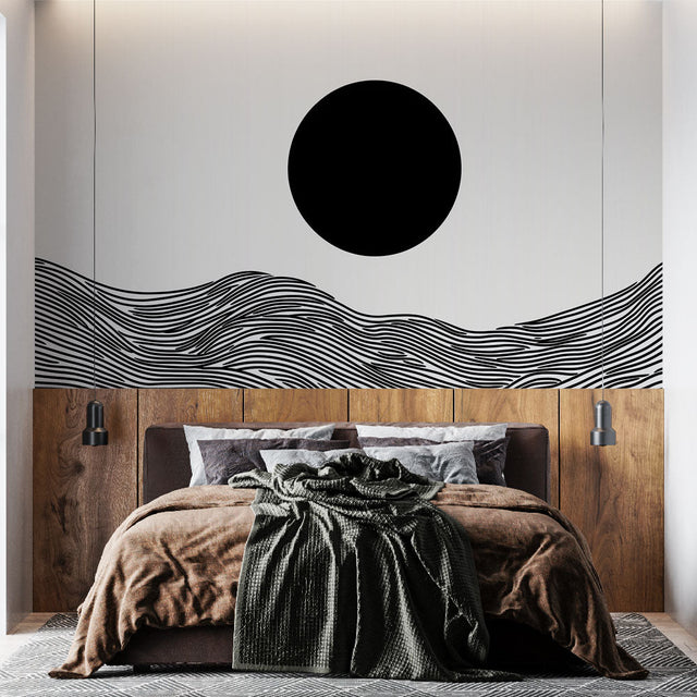 Modern abstract wave wallpaper with black sun design creating a striking focal point in a minimalist living room setting