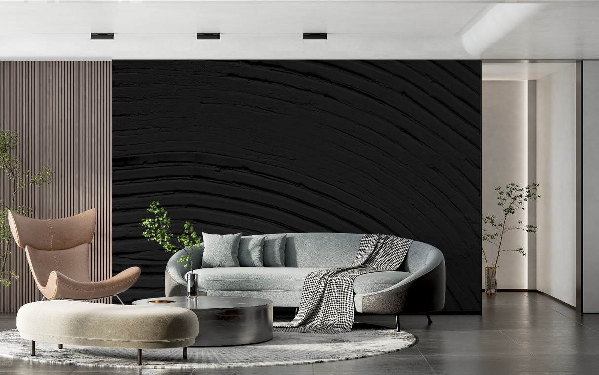 Abstract wave pattern wallpaper in sleek master bedroom with metal accents