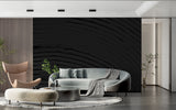 Abstract wave pattern wallpaper in sleek master bedroom with metal accents