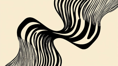 Modern black wave abstract wallpaper creating dynamic movement in a minimalist living room setting