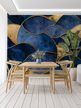 Modern geometric wallpaper installation in luxury hotel lobby