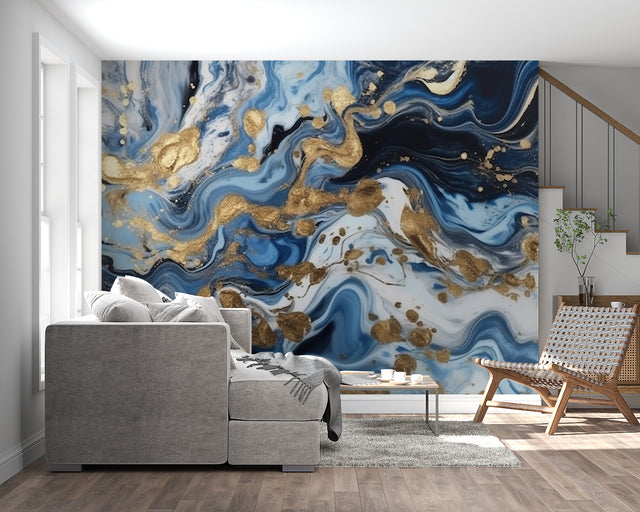 Blue and gold marble wallpaper in modern living room, creating a stunning feature wall with swirling pattern