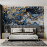Marble effect wall mural in dining room setting, highlighting the gold accents and flowing design