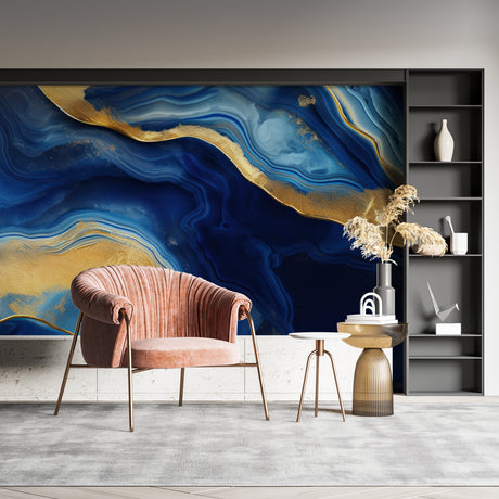 Blue and gold marble wallpaper creating a stunning focal point in a modern living room with minimalist furniture
