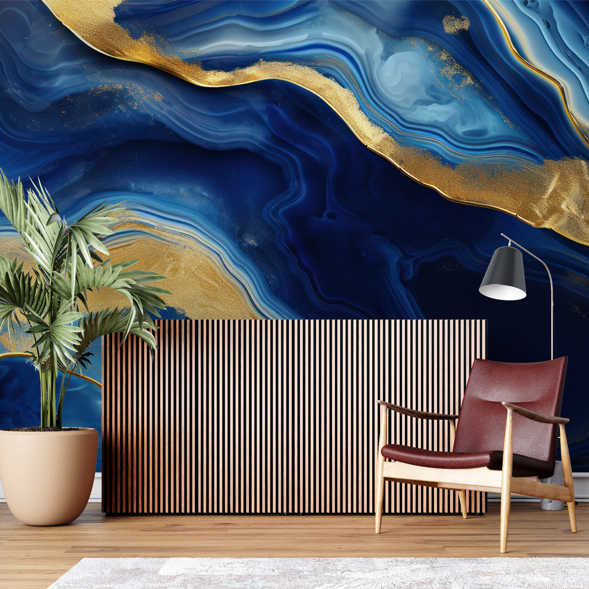 Luxury master bedroom featuring blue and gold marble wall mural above an elegant headboard