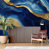 Luxury master bedroom featuring blue and gold marble wall mural above an elegant headboard