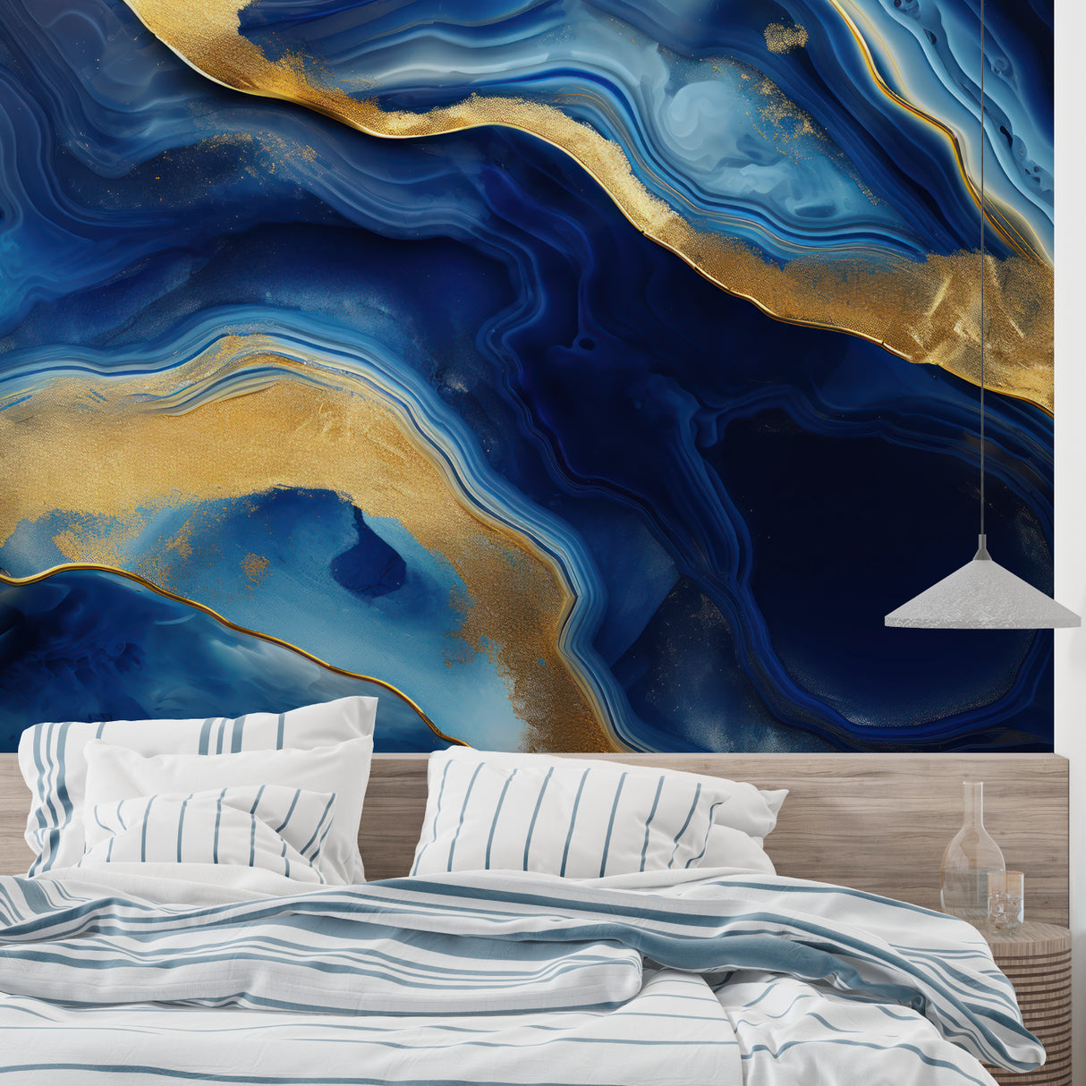 Abstract marble wallpaper transforming a home office with flowing blue and gold patterns