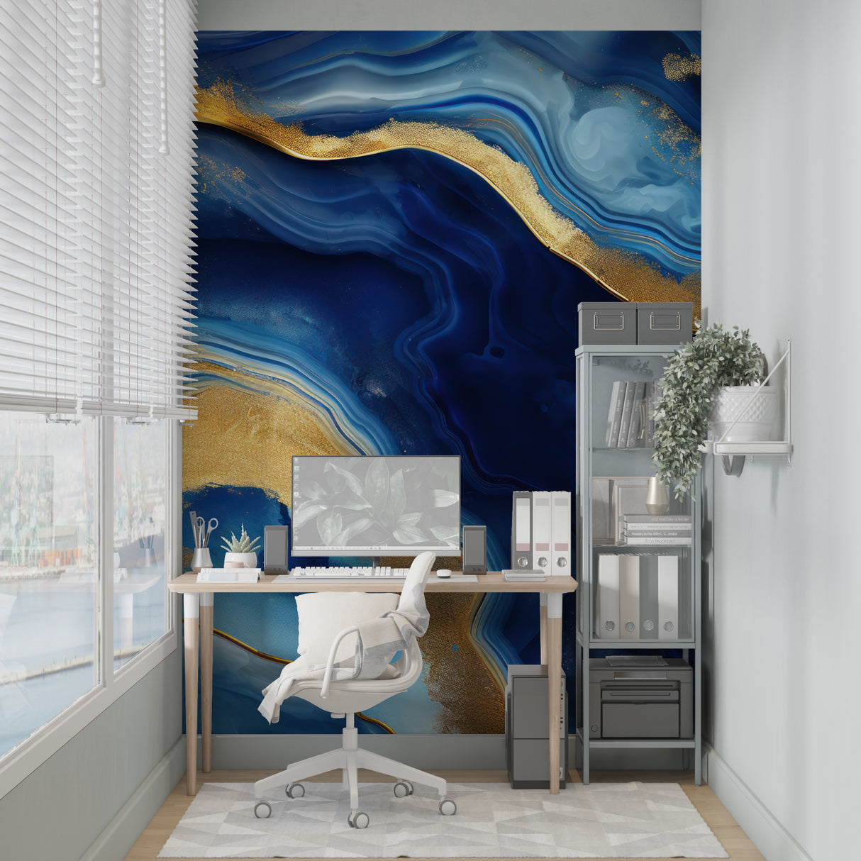 Modern dining room showcasing blue and gold marble wave wallpaper with pendant lighting