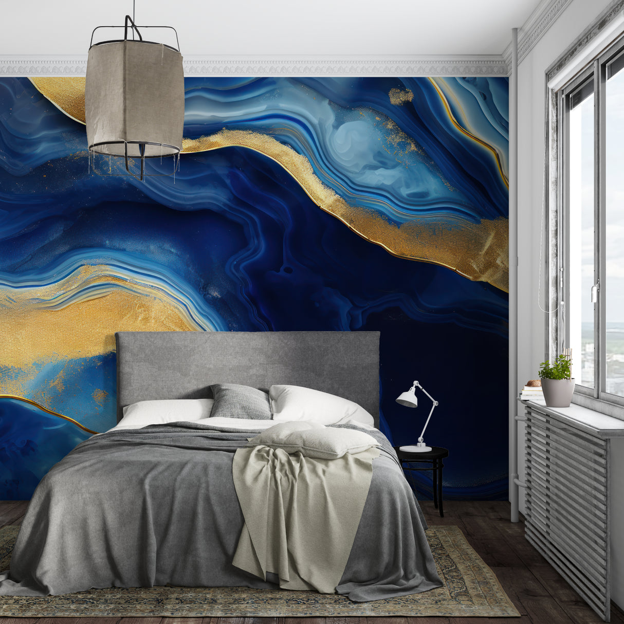 Boutique hotel lobby enhanced with elegant blue and gold marble wall mural