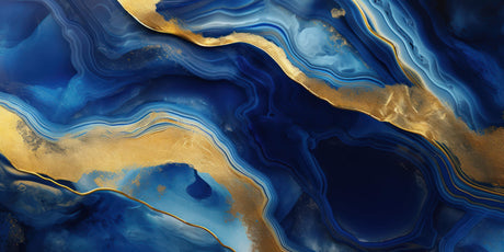 Design file of blue and gold marble wallpaper showing intricate wave patterns and metallic accents