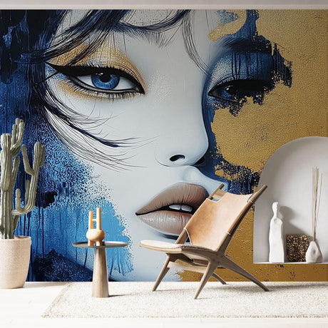Abstract portrait wall mural with blue and gold tones creating a stunning focal point in a modern living room setting