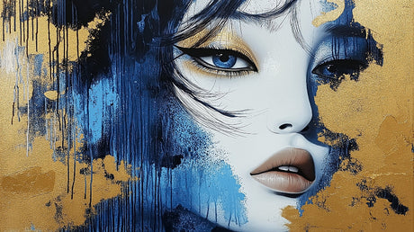 Blue and gold abstract portrait design file showing intricate artistic details and metallic accents