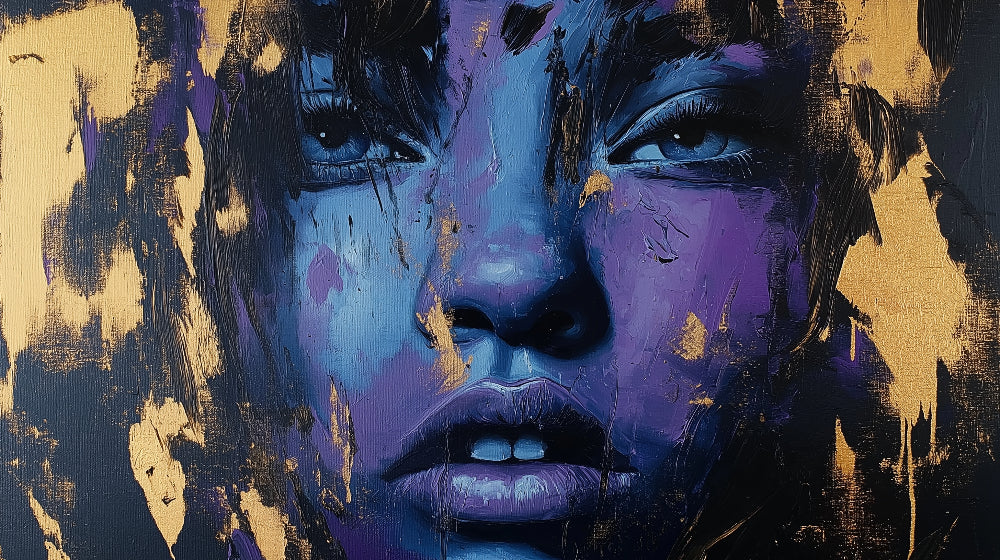 Blue and gold abstract portrait design file showing intricate artistic details and brushwork patterns