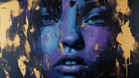 Blue and gold abstract portrait design file showing intricate artistic details and brushwork patterns