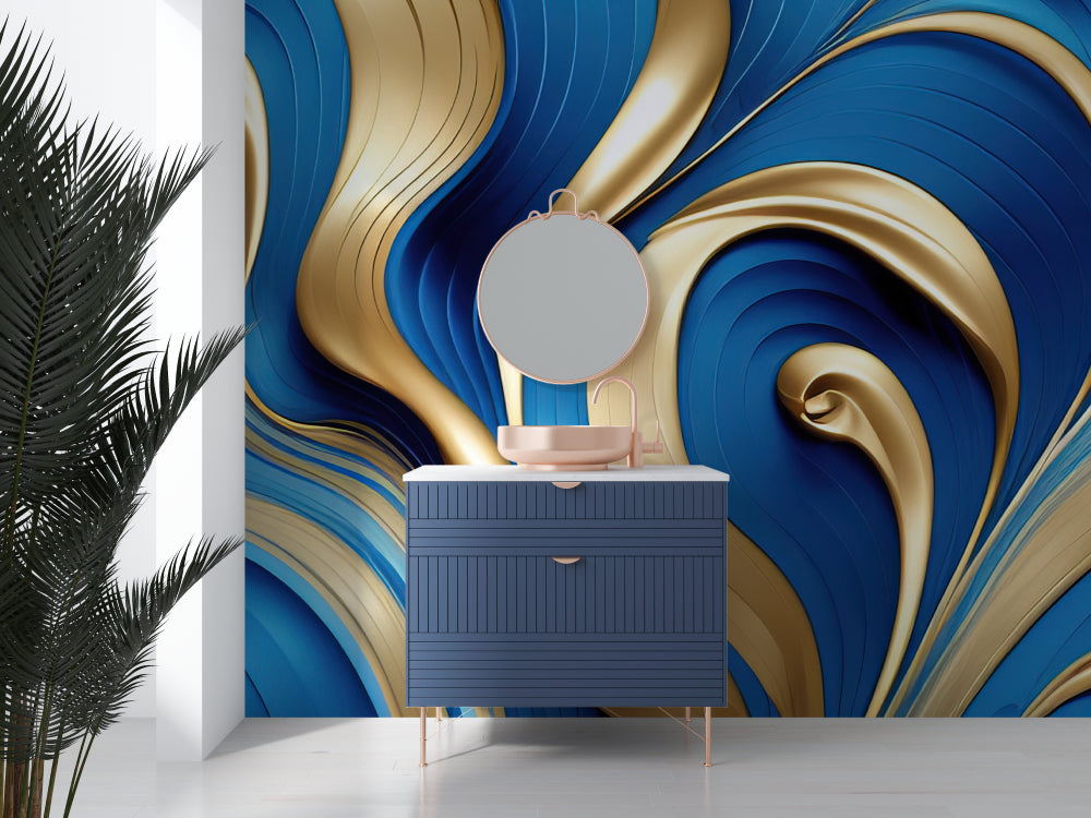 Luxury blue and gold abstract wallpaper featured in a master bedroom with evening lighting