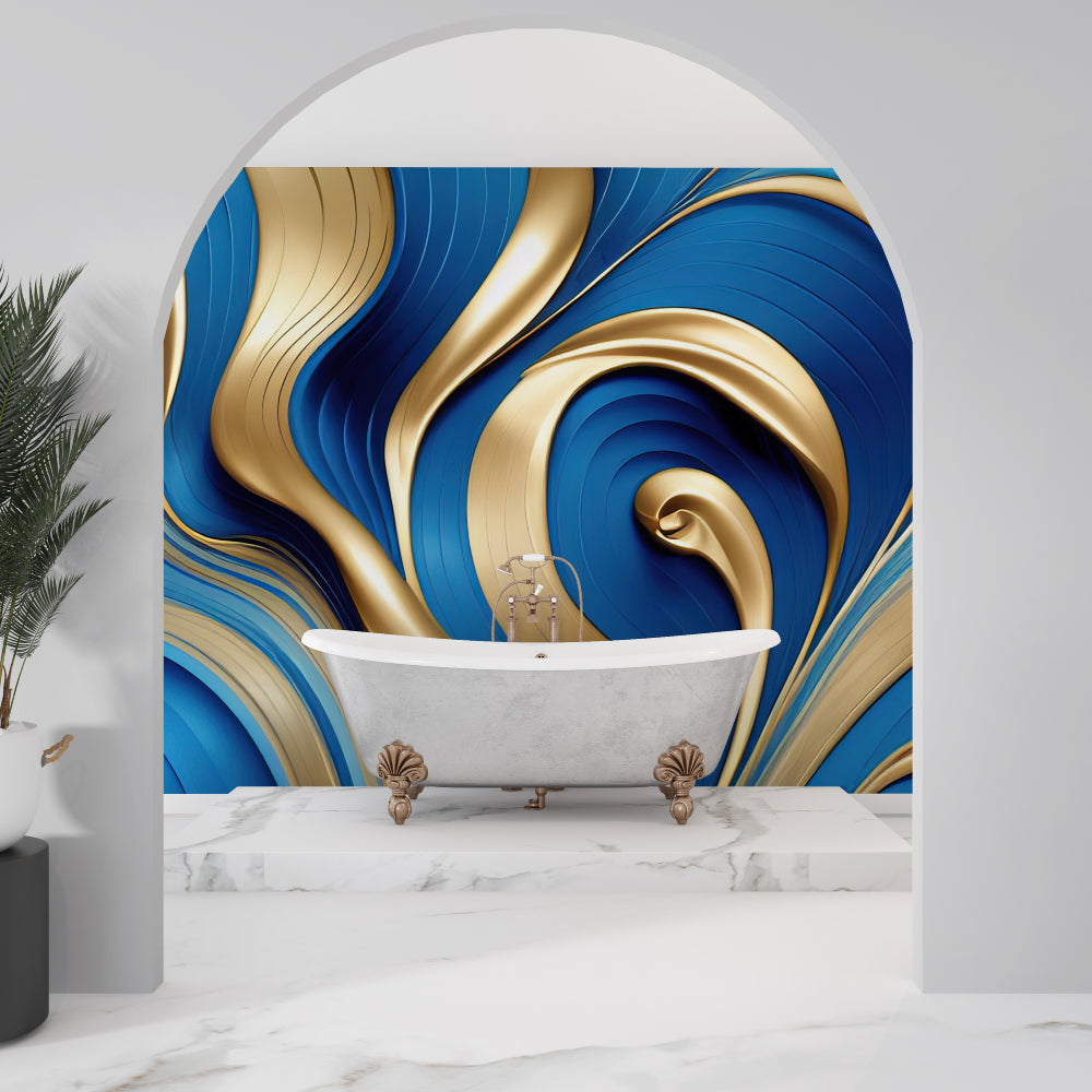 Abstract swirl wallpaper in blue and gold tones making a statement in a home office setting