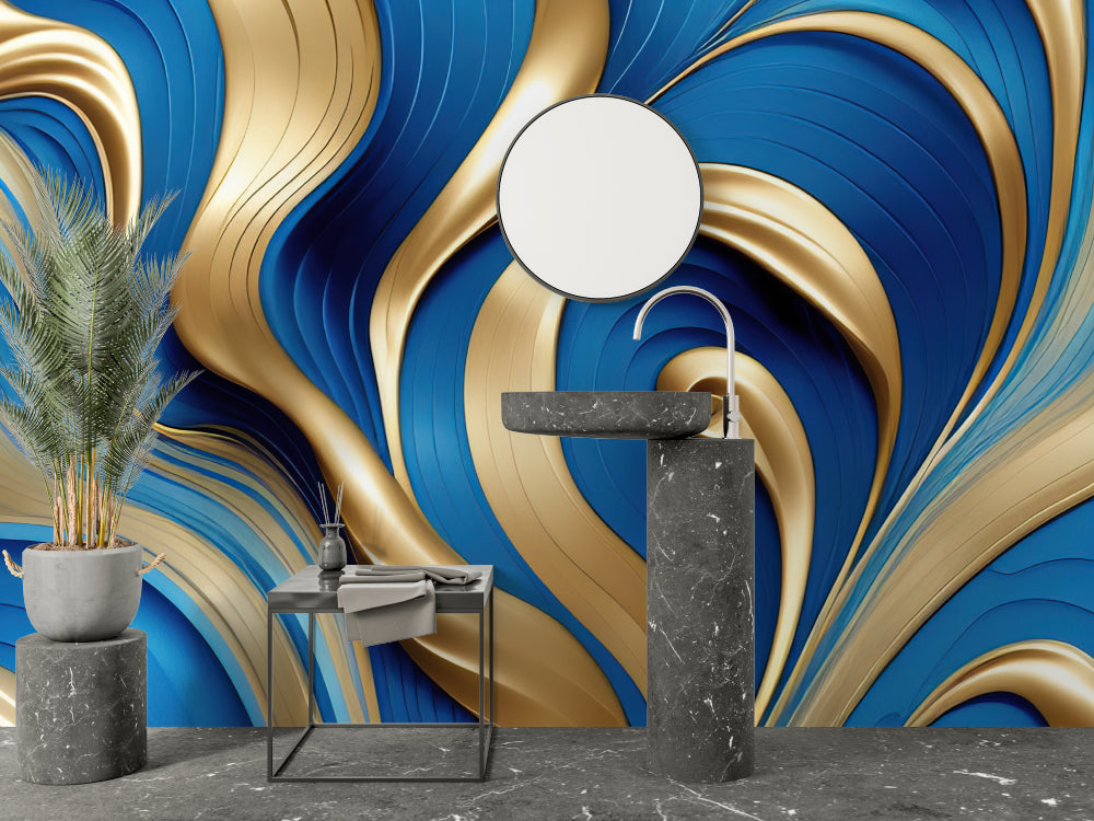 Modern blue and gold abstract wall mural bringing elegance to a dining room space