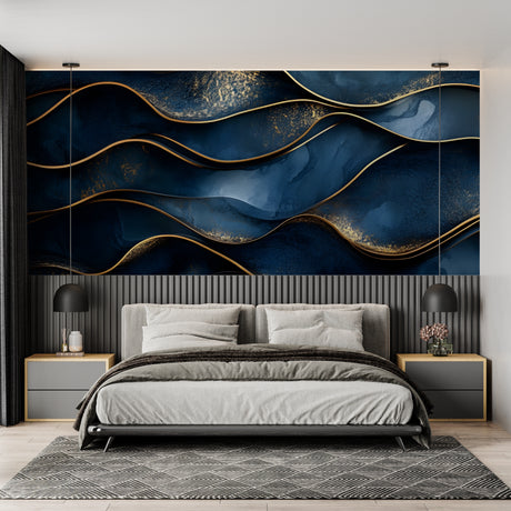 Blue and gold abstract wave wallpaper in modern living room setting, creating a luxurious atmosphere