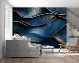 Abstract wave mural displayed in master bedroom, showing gold accents catching light