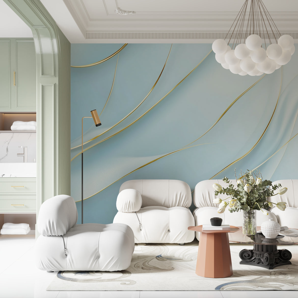 Abstract wave wallpaper with gold accents in minimalist bedroom setting