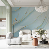 Abstract wave wallpaper with gold accents in minimalist bedroom setting