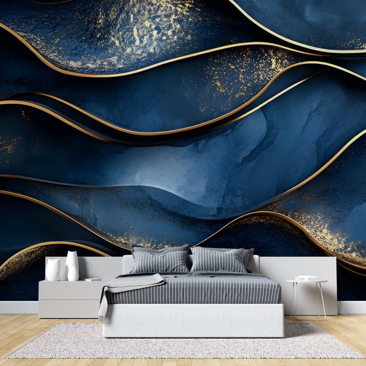 Blue and gold abstract wallpaper in home office setting with modern furniture