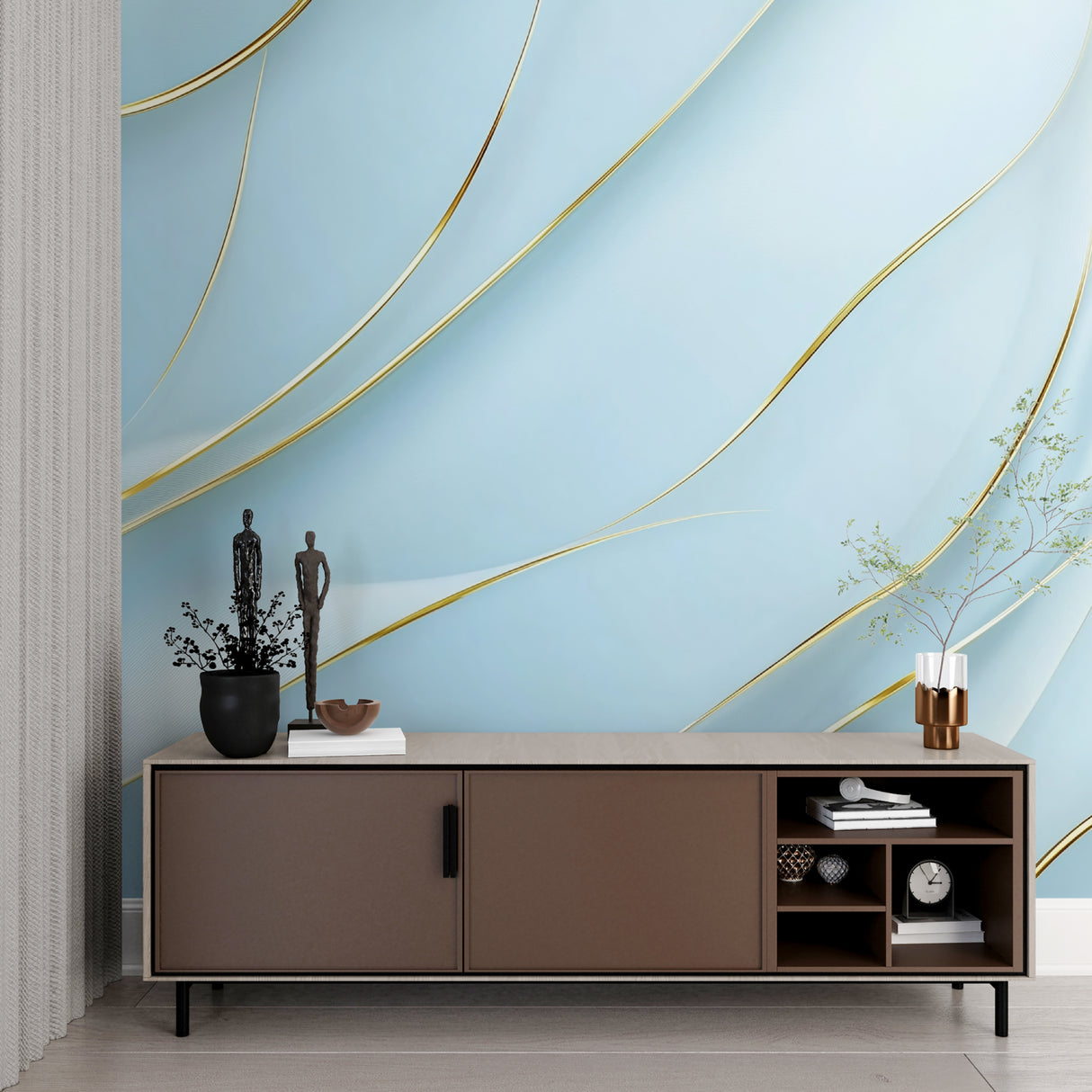 Modern blue and gold wave mural wallpaper in luxury home office space