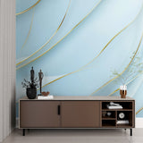 Modern blue and gold wave mural wallpaper in luxury home office space