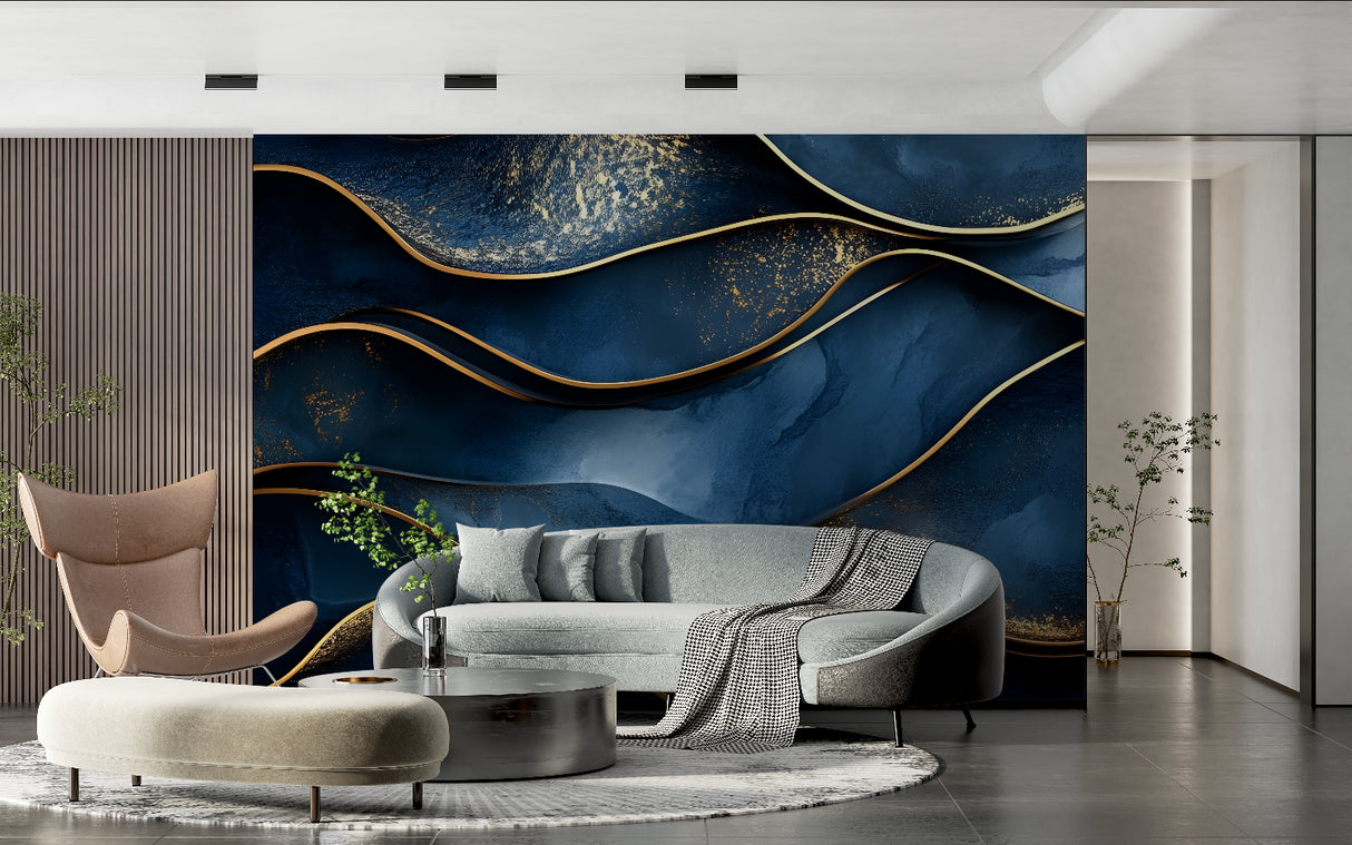 Wave pattern wallpaper showcased in dining room with evening lighting