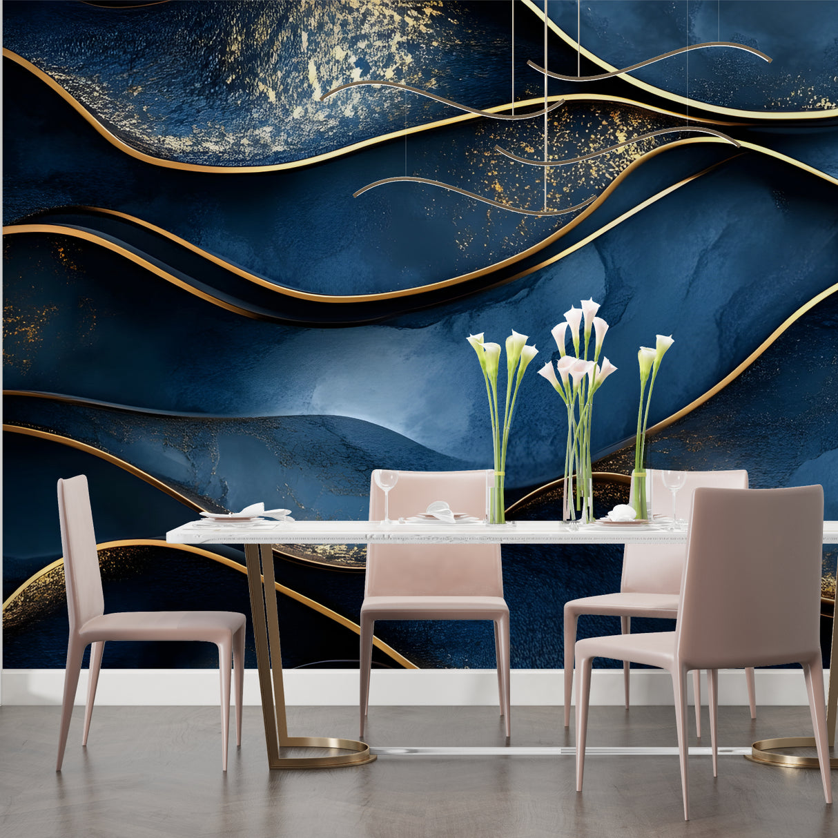 Abstract blue and gold mural in hotel lobby showing scale and impact