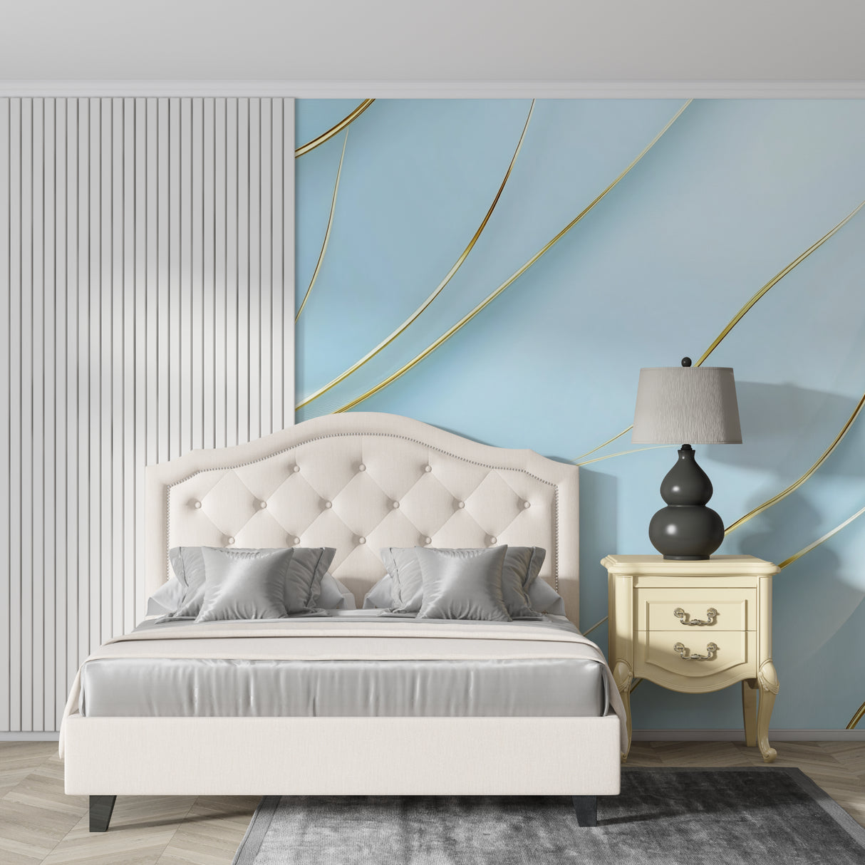Blue and gold abstract wallpaper creating flow in hotel lobby setting