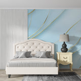 Blue and gold abstract wallpaper creating flow in hotel lobby setting