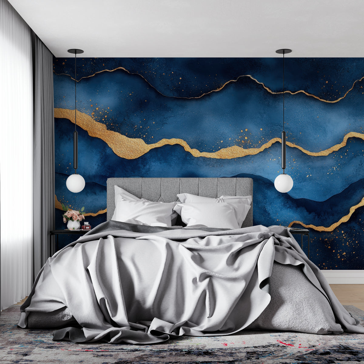 Blue and gold abstract wallpaper creating depth in modern living room ...