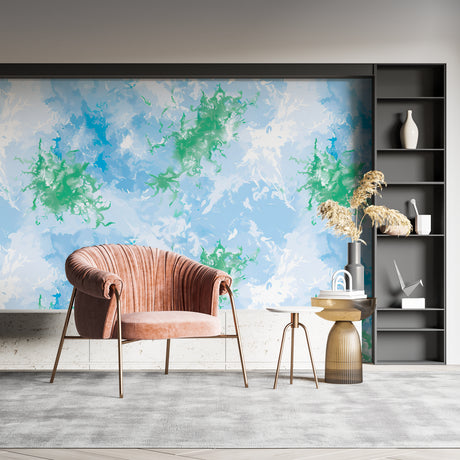 Blue and green abstract watercolor wallpaper creating a peaceful atmosphere in a modern living room