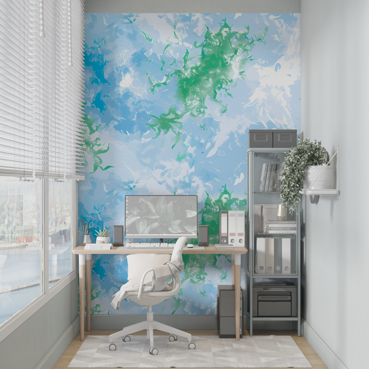 Abstract watercolor wall mural bringing artistic flair to a minimalist bedroom