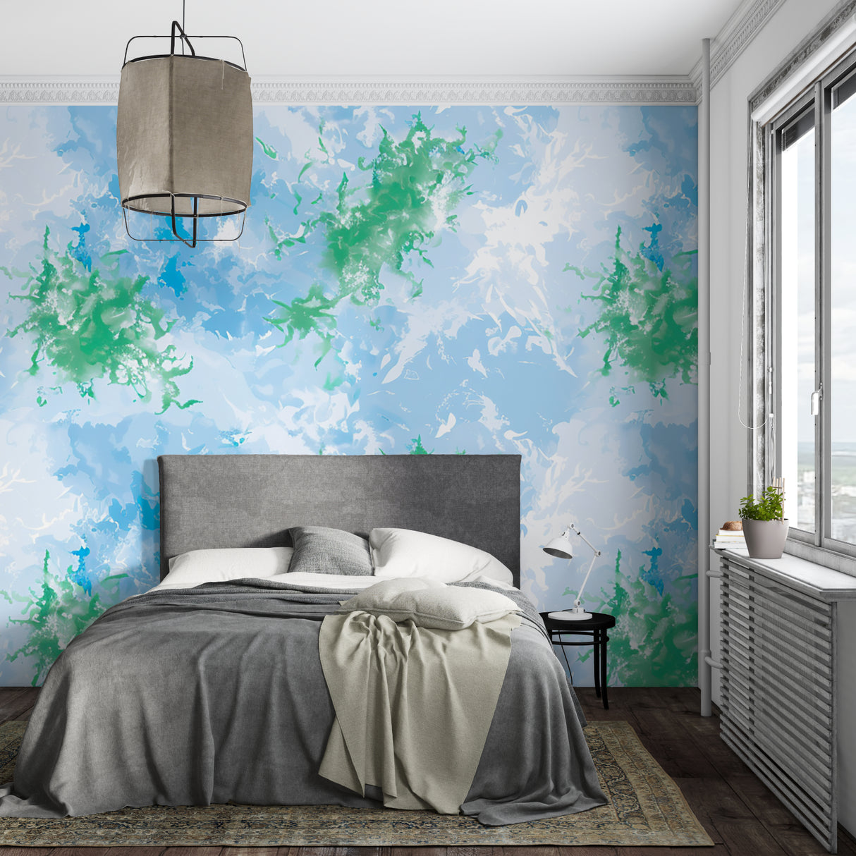 Watercolor splash mural making a statement in a contemporary home office