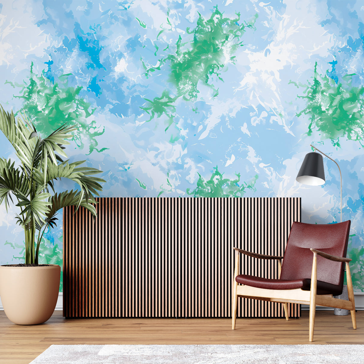 Blue-green abstract wallpaper transforming a dining room with soft, flowing patterns