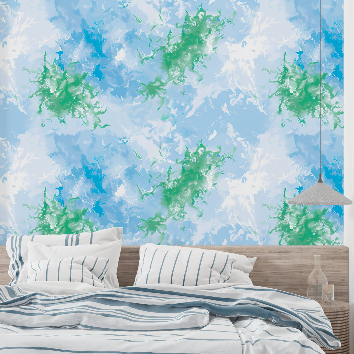 Modern abstract mural adding depth to a bright hallway space