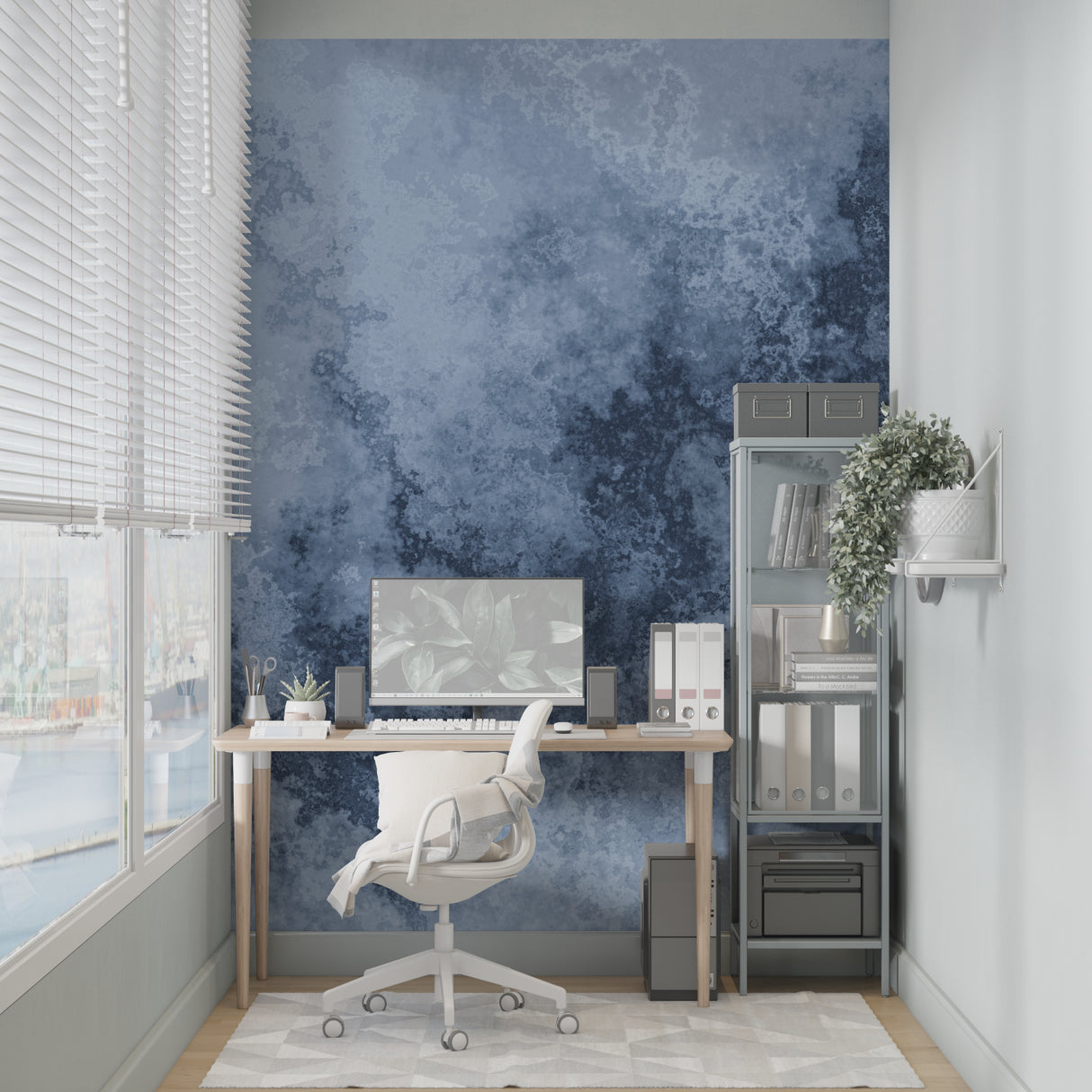 Watercolor effect wall mural showcasing gentle blue tones in a minimalist bedroom